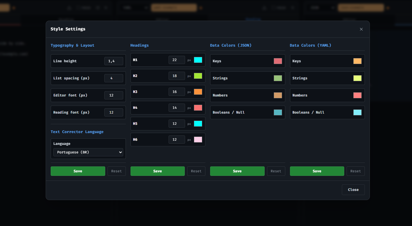 Modal de configurações independentes