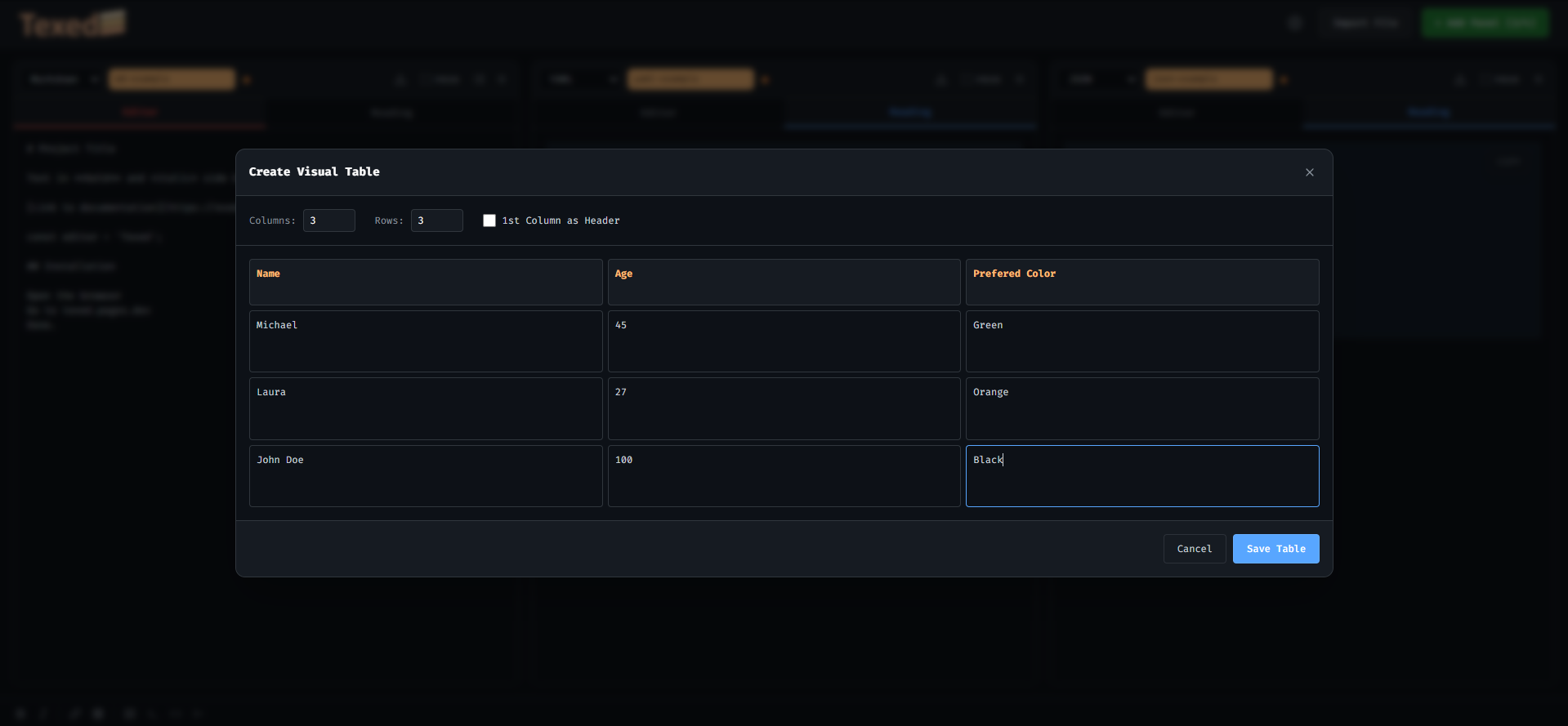 Modal de criação de tabela