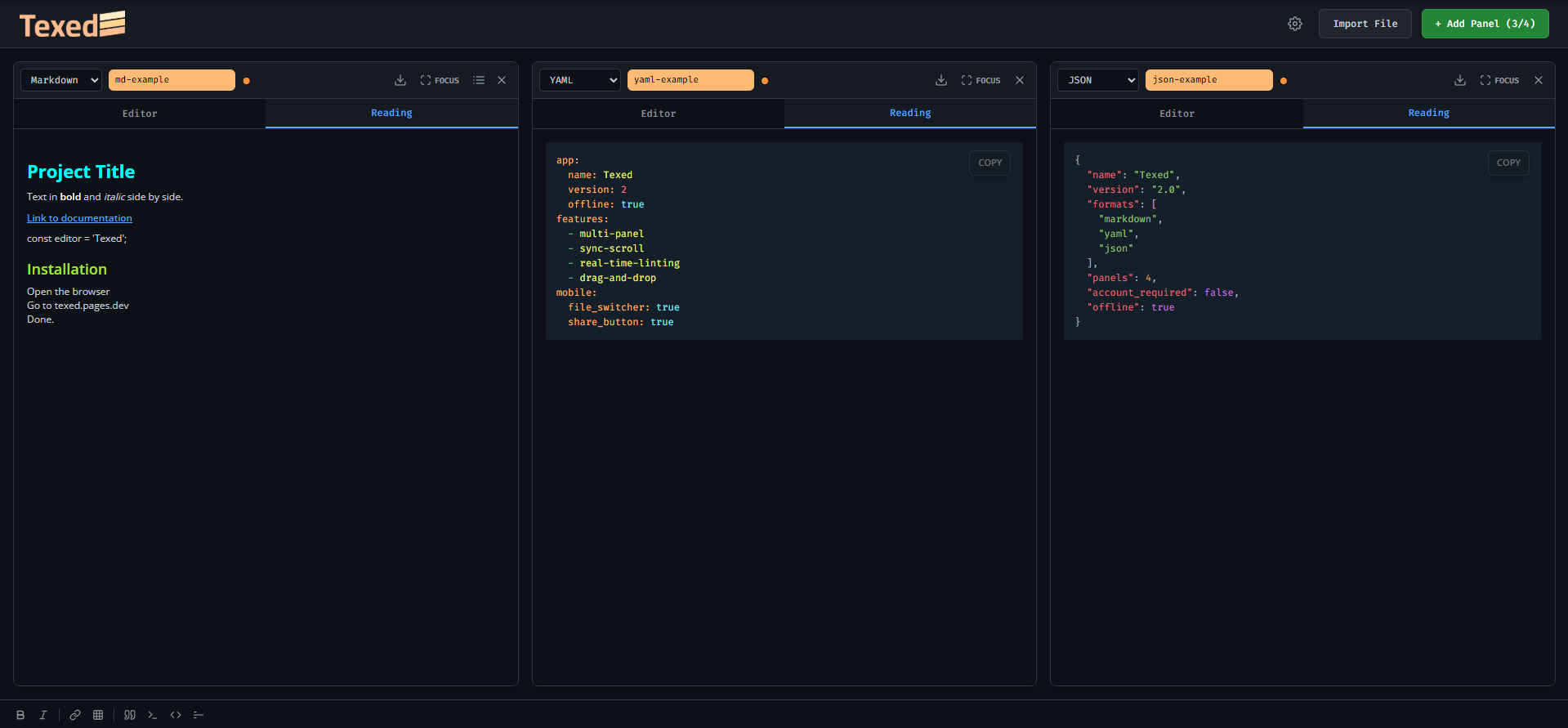 Texed com 3 projetos abertos